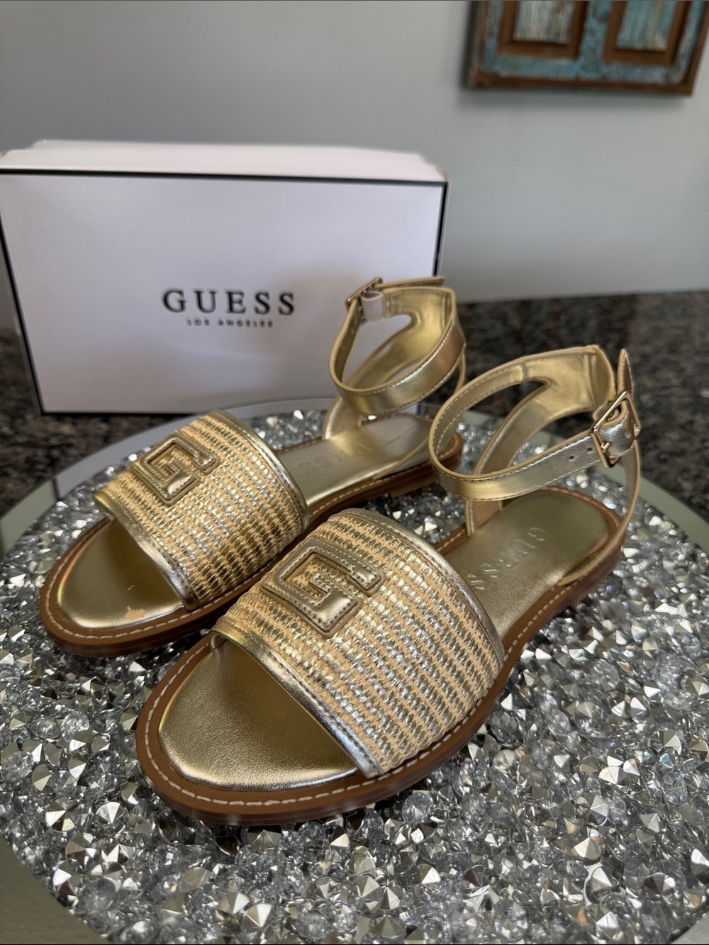 GUESS Gold metallic woven Front Ankle-Strap Sandals NEW 8.5